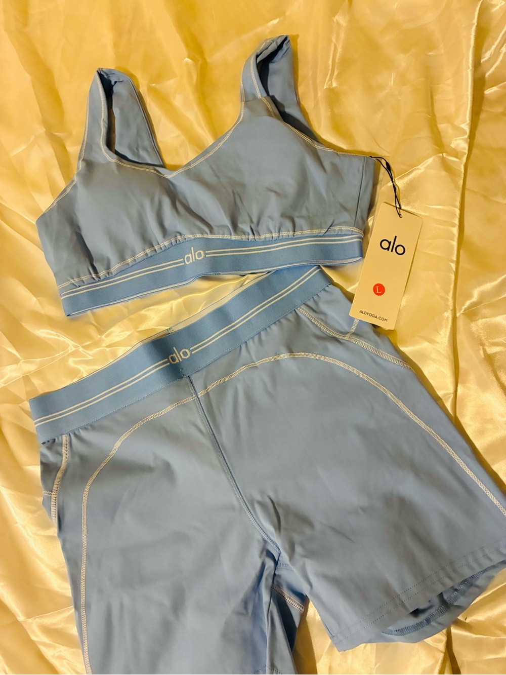 ALO Yoga Light Blue Sports Bralette & Bike Shorts Set